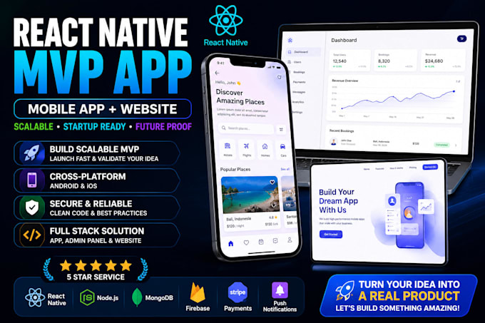 develop a react native mvp app with admin panel and website