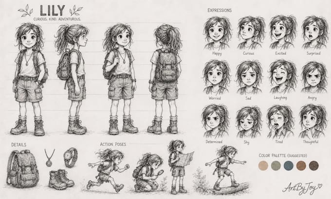 design original characters with expression sheets and turnaround views
