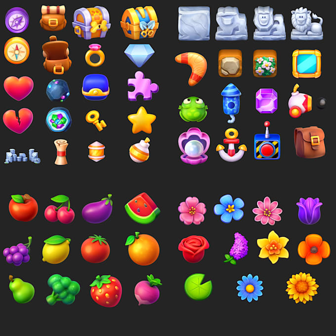 create casual stylized icons, game UI assets, and tile tap items