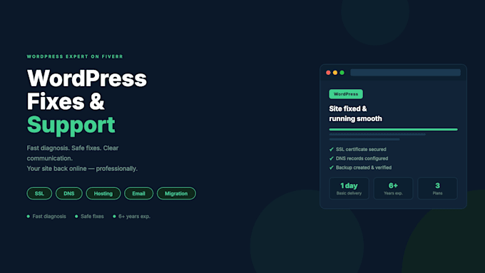 fix wordpress issues, SSL, dns, hosting, and email problems