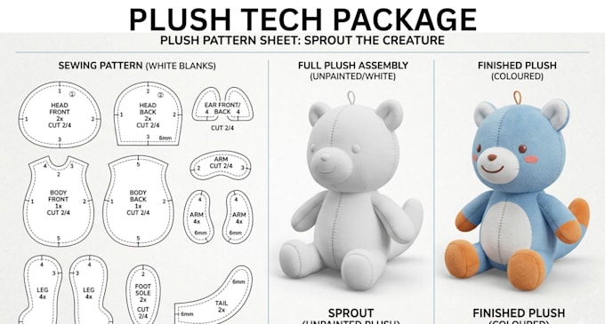 design plush sewing pattern tech pack stuffed toy ready for production