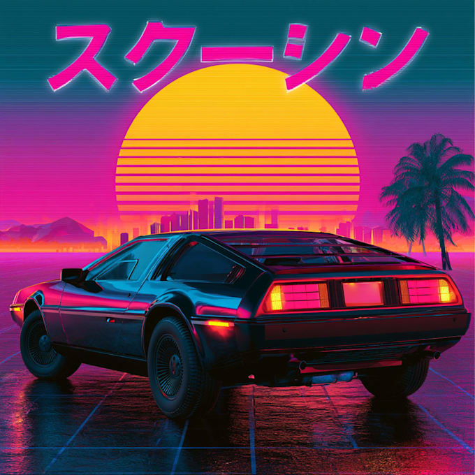 create 80s retrowave synthwave album or single cover artwork