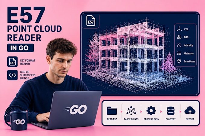 develop e57 point cloud format reader, e57 in go using cgo or subprocess bridge