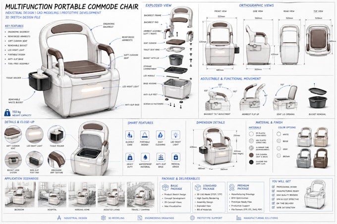 design ergonomic commode chair, rollator walker, wheelchair, foldable commode