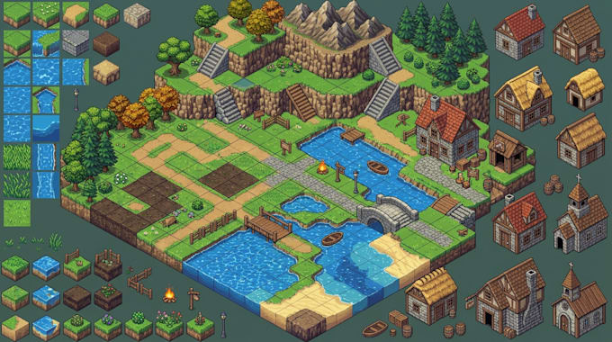 do 8bit 16bit isometric pixel background environment tileset tilemap game map