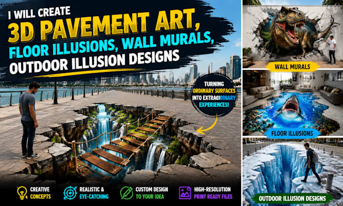 create 3d pavement art, floor illusions, wall murals, outdoor illusion designs