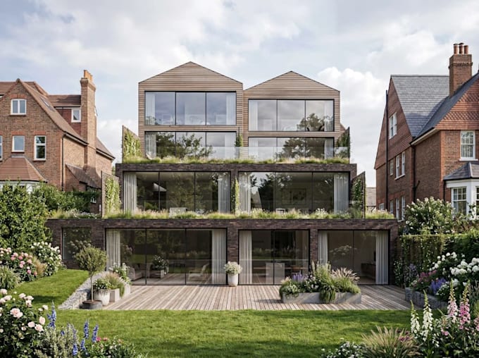 remodel 3d home extension, residential exterior render, garden landscape design
