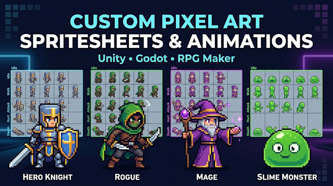 create custom pixel art spritesheets and animations for 2d game