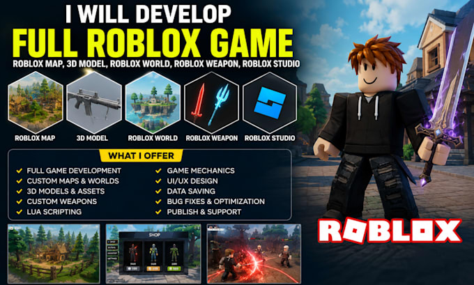 develop full roblox game, roblox map 3d model, roblox world roblox studio weapon