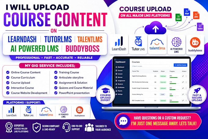 upload course content on learndash tutorlms talentlms, ai powered lms, buddyboss