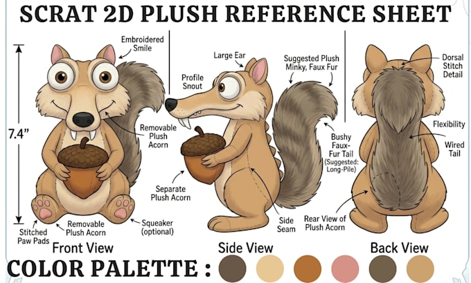 design 2d plush character reference sheet stuffed animal tech pack soft toy ych