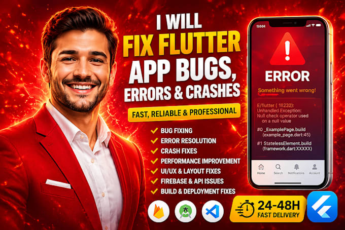 fix flutter app bugs, errors, crashes, and performance issues