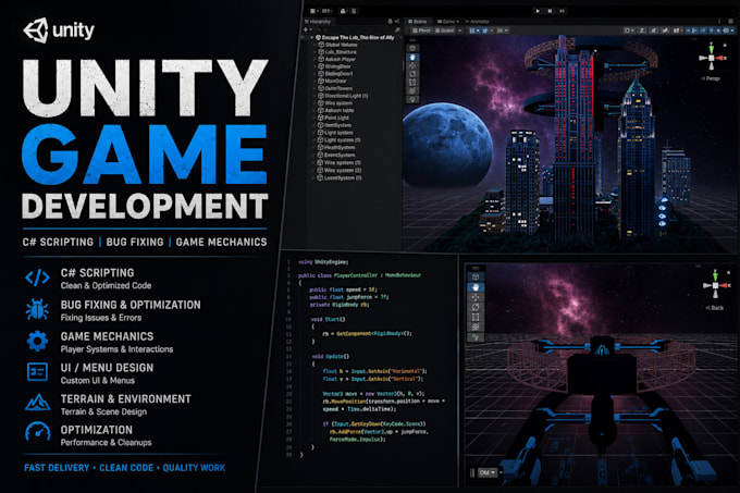 fix unity bugs, write  scripts and build fps game mechanics
