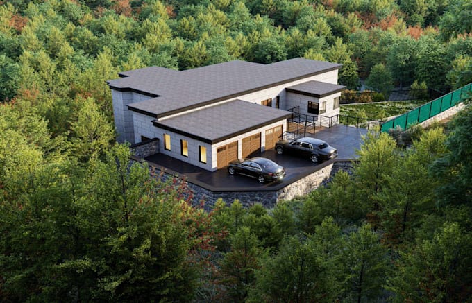 build 3d modern forest house,stone facade, elevated deck, retaining wall,cgi art