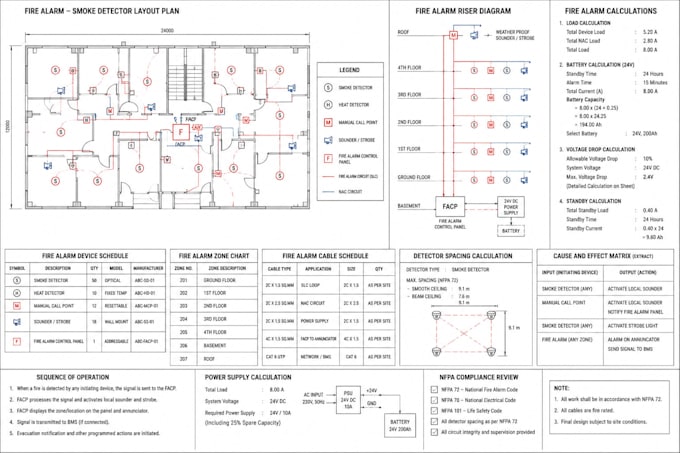 fire alarm calculation, battery sizing, voltage drop, riser diagram, nfpa check