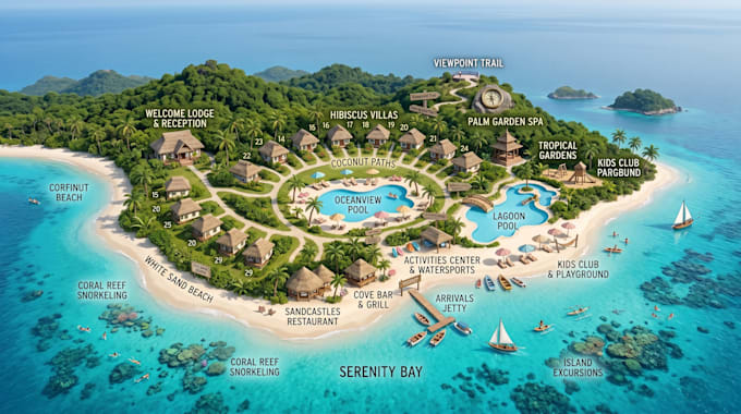 design resort map, rv map, campsite map, campground map, office map, hiking map