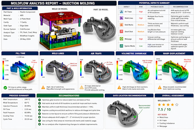 create a dfm analysis report and mold flow recommendation for injection molding