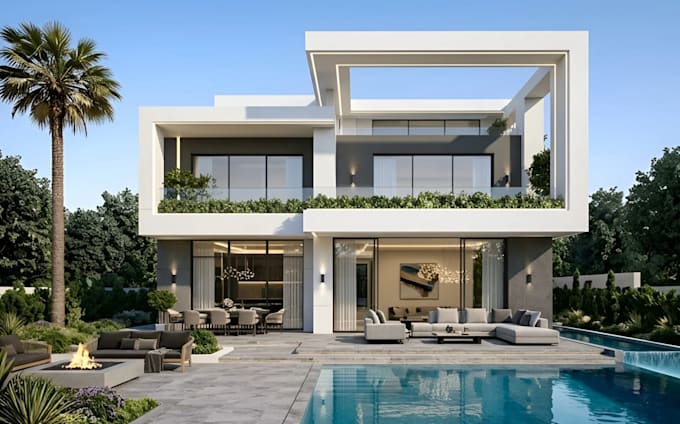 cgi render for beach villa,3d duplex house exterior, outdoor lounge layout,patio