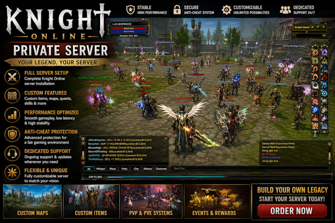 develop and optimize a custom knight online private server with full features