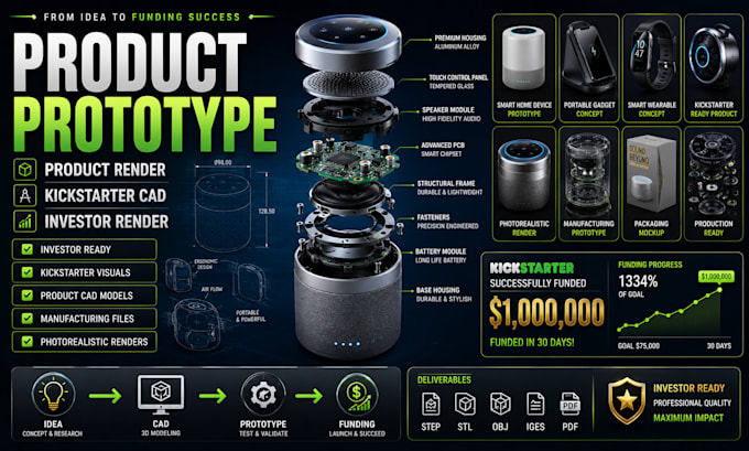 create product prototype, product render, kickstarter cad, investor render