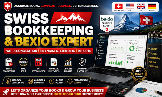 do swiss bookkeeping, bexio setup, vat reconciliation, financial statements