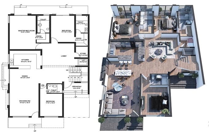 draw 2d plan layout, 2d floor plan render, 3d floor plan render using autocad