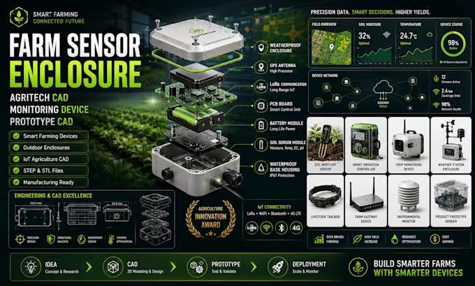 design farm sensor enclosure, agritech cad, monitoring device, prototype cad
