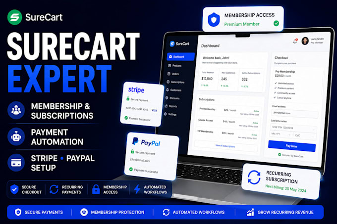 setup surecart membership website subscription checkout payment automation