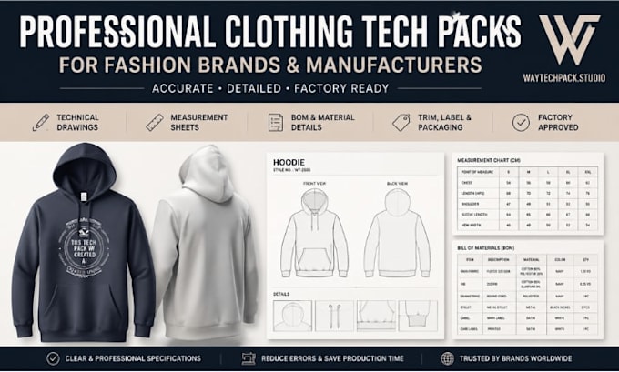create clothing and shoe tech packs for fashion brands and manufacturers