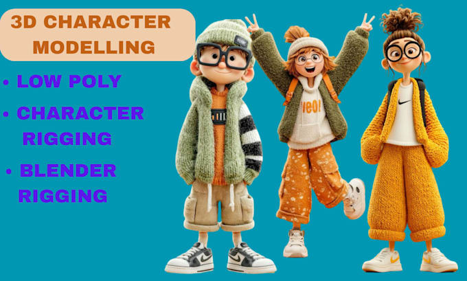 do 3d modelling, low poly design, 3d character rigging and blender rigging
