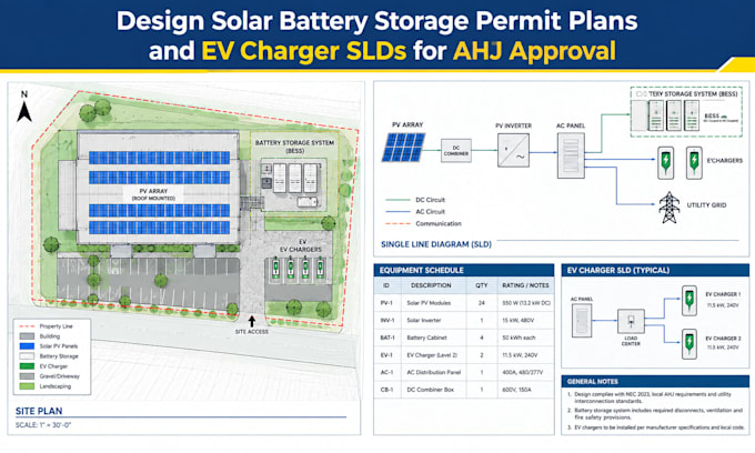 design solar battery storage permit plans and ev charger slds for ahj approval