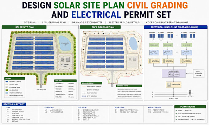 solar pv site plan, civil grading, and electrical single line diagram draft set