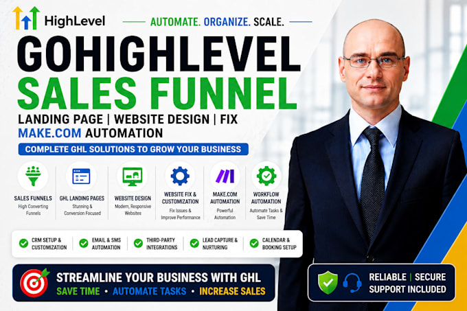 gohighlevel sales funnel ghl landing page website design fix makecom automation