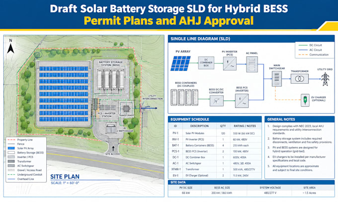 draft solar battery storage sld for hybrid bess permit plans and ahj approval