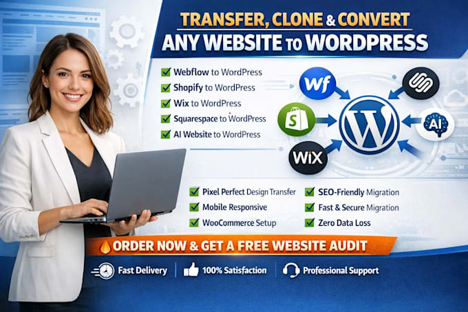 transfer clone convert webflow shopify squarespace wix ai website to wordpress