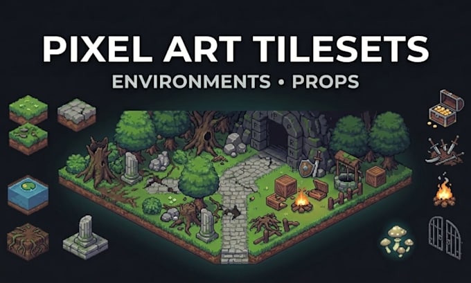 design pixel art tilesets, props and game environments