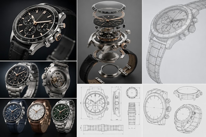 create 3d watch model, cad cam product design, rendering and technical draw