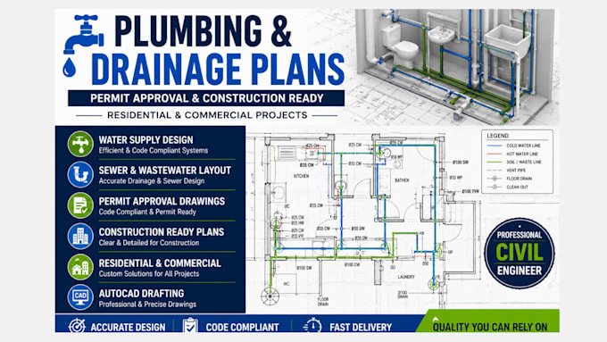 create plumbing and drainage drawings for permit approval and construction