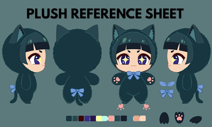 design a plush reference sheet for plush toy, stuffed animal, mascot, doll