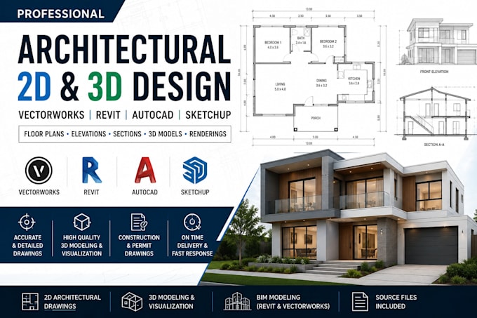 create 2d drawings, bim models, and 3d designs in vectorworks, revit, autocad