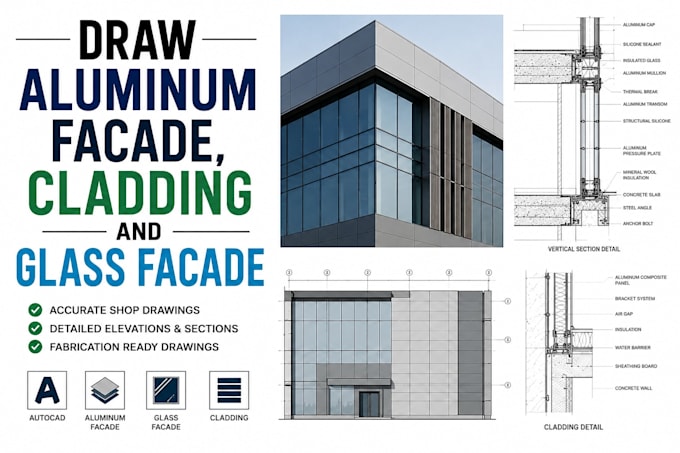 draw aluminum facade, cladding and glass facade shop drawings