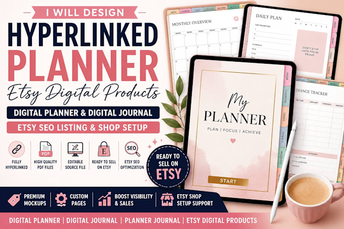 design etsy digital planner, hyperlinked planner,