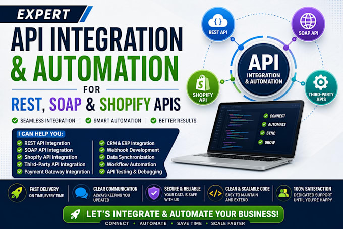 do expert API integration and automation for rest API, soap API, shopify API