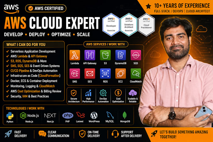 develop AWS lambda, API gateway, s3, rds, dynamodb and serverless applications