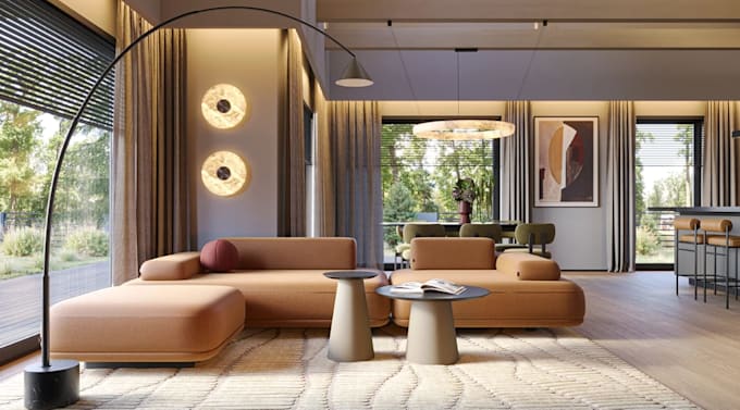 create 3d private  house interior, commercial, kitchen, modern living room,