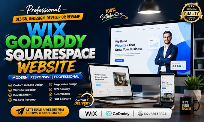 design wix godaddy squarespace website design, redesign develop or revamp