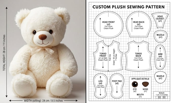 create a custom plush sewing pattern and tech pack for toy production