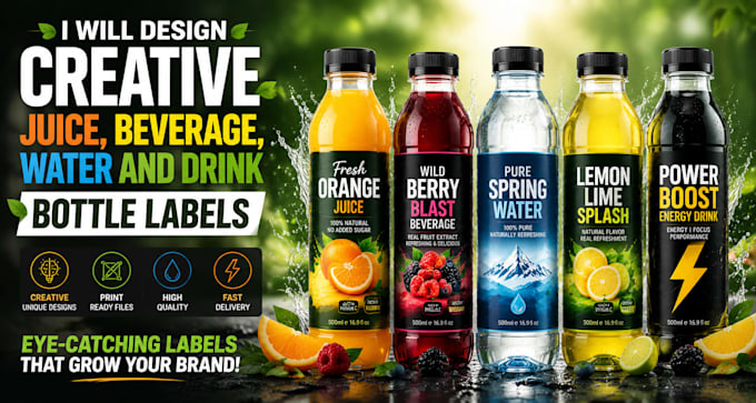 design creative juice, beverage, water and drink bottle labels