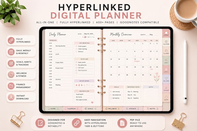 design etsy digital planner, hyperlinked planner and journal