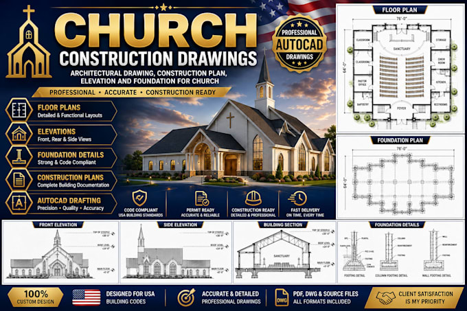 do architectural drawing, construction plan, elevation and foundation for church